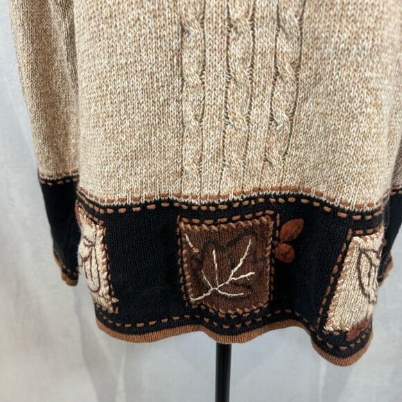Erika Ramie Cotton blend tan & black fall leaf block pattern knit sweater medium - Picture 2 of 6